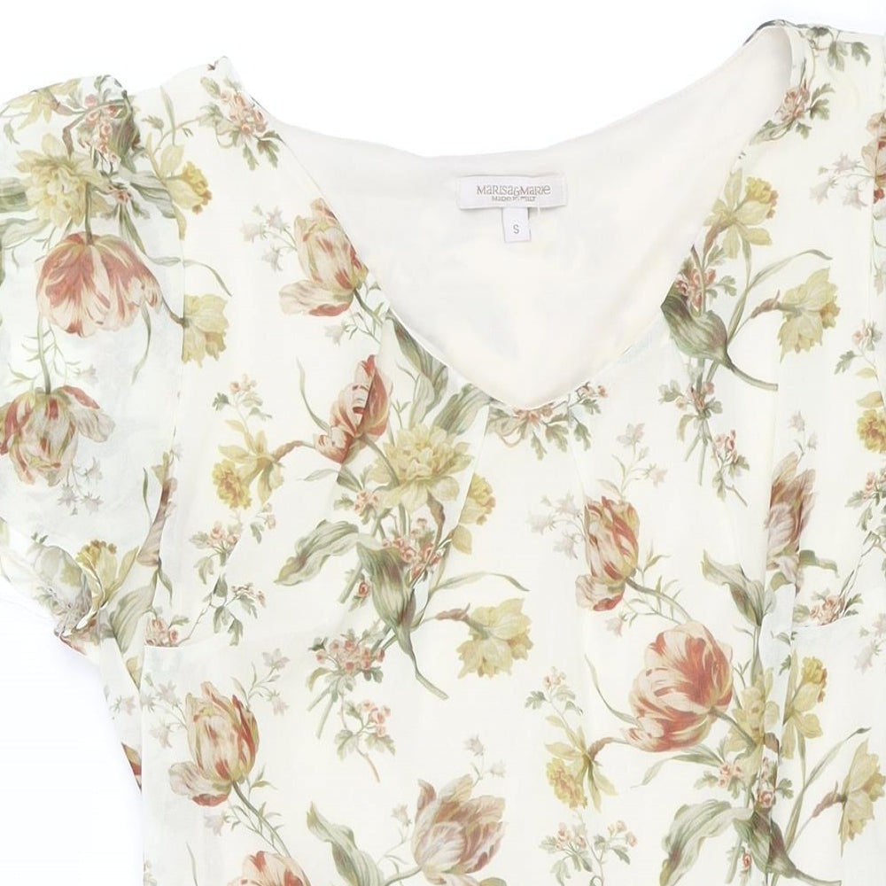 Marisa & Marie Womens Beige Floral Polyester A-Line Size S V-Neck Zip