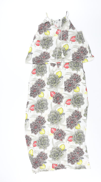NEXT Womens Multicoloured Floral Cotton Maxi Size 14 Round Neck Tie - Side Slits Tassle