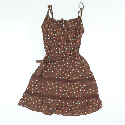 Floozie Womens Brown Polka Dot Cotton A-Line Size 10 Scoop Neck Tie - Lace Detail Keyhole Neck Belted