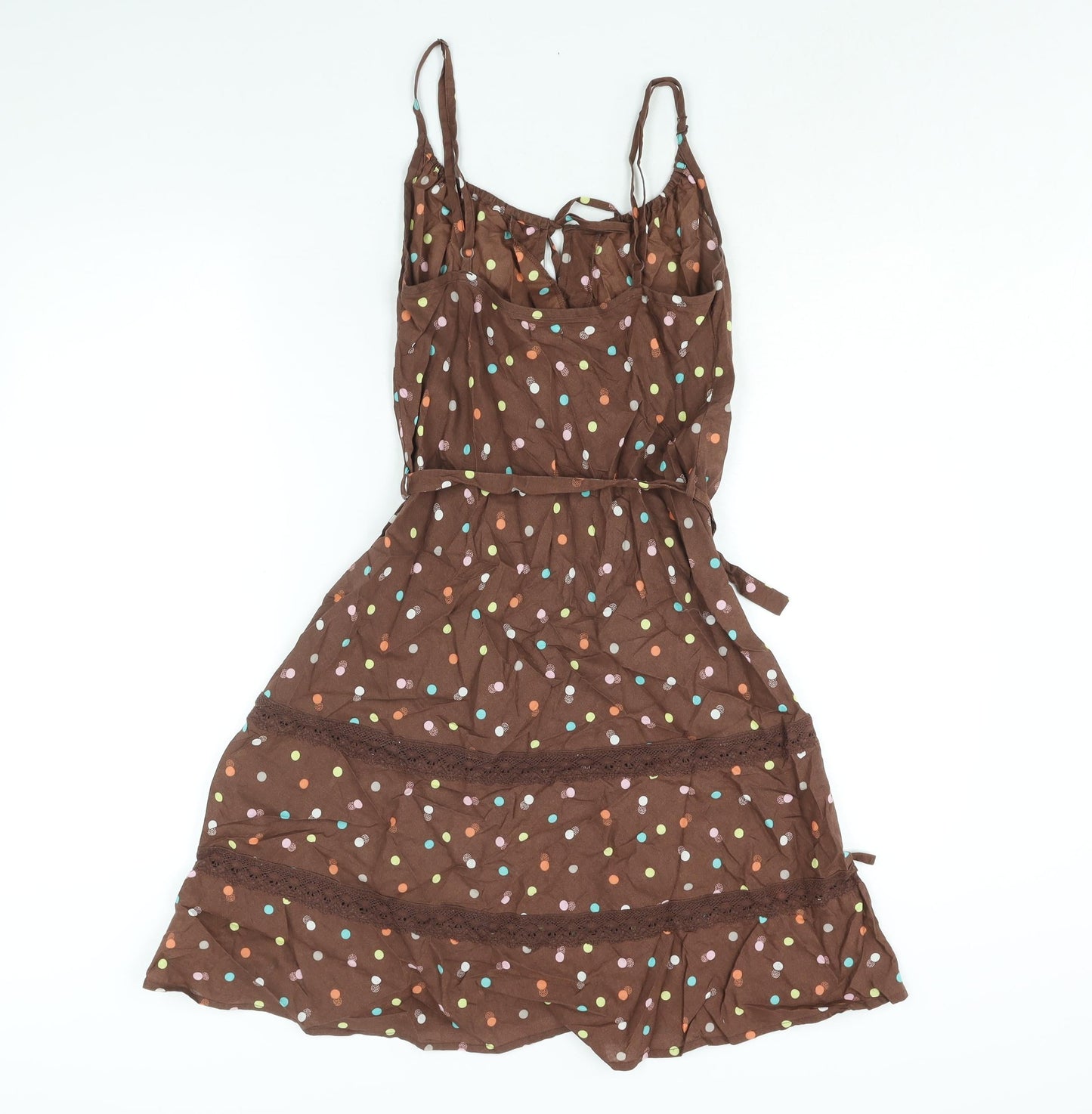 Floozie Womens Brown Polka Dot Cotton A-Line Size 10 Scoop Neck Tie - Lace Detail Keyhole Neck Belted