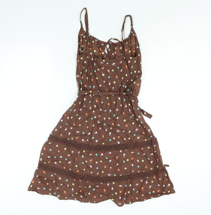 Floozie Womens Brown Polka Dot Cotton A-Line Size 10 Scoop Neck Tie - Lace Detail Keyhole Neck Belted