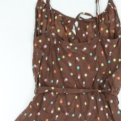 Floozie Womens Brown Polka Dot Cotton A-Line Size 10 Scoop Neck Tie - Lace Detail Keyhole Neck Belted