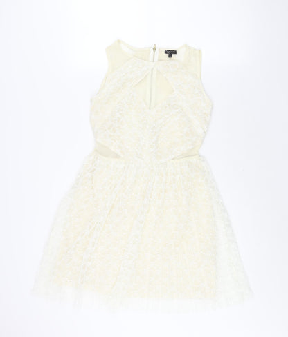 River Island Womens Ivory Polyester Fit & Flare Size 10 Round Neck Zip - Panelled