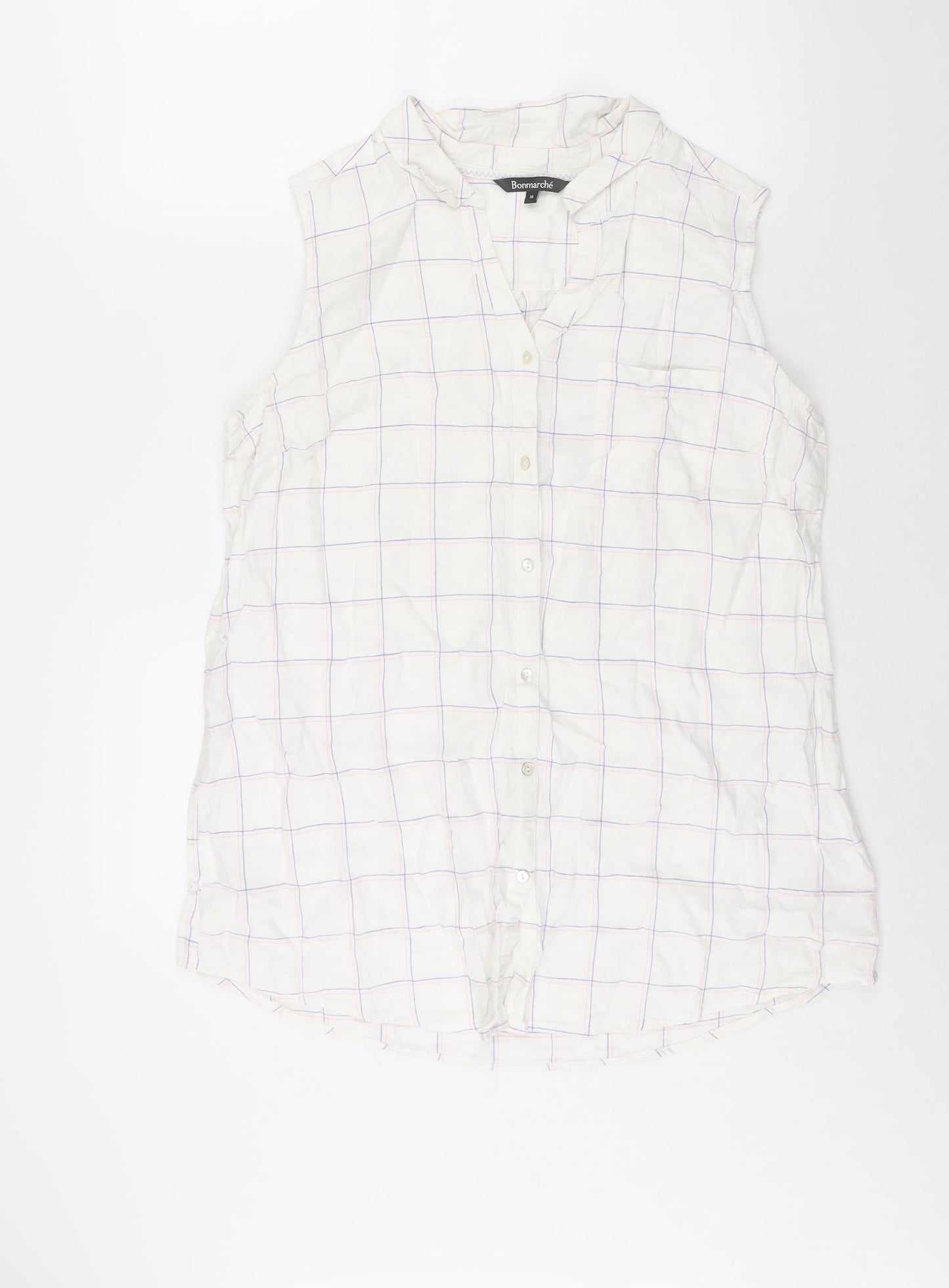 Bonmarché Womens White Check Linen Basic Button-Up Size 16 Collared