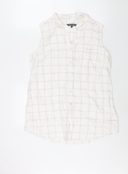 Bonmarché Womens White Check Linen Basic Button-Up Size 16 Collared