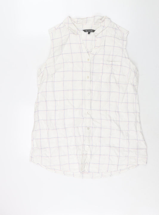 Bonmarché Womens White Check Linen Basic Button-Up Size 16 Collared