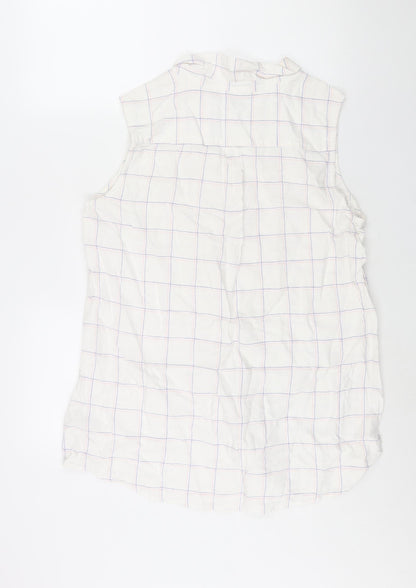 Bonmarché Womens White Check Linen Basic Button-Up Size 16 Collared