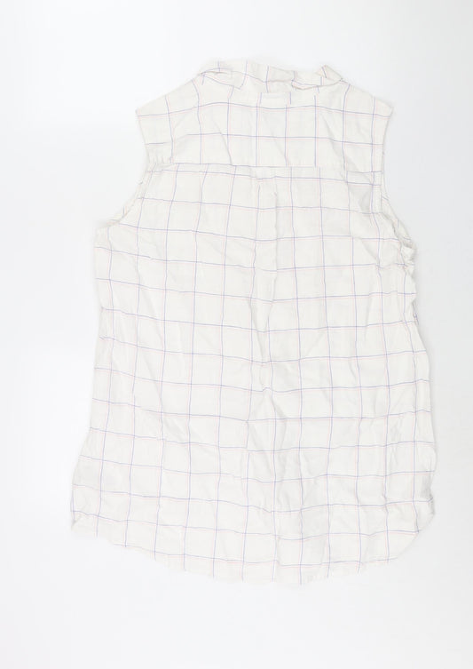 Bonmarché Womens White Check Linen Basic Button-Up Size 16 Collared