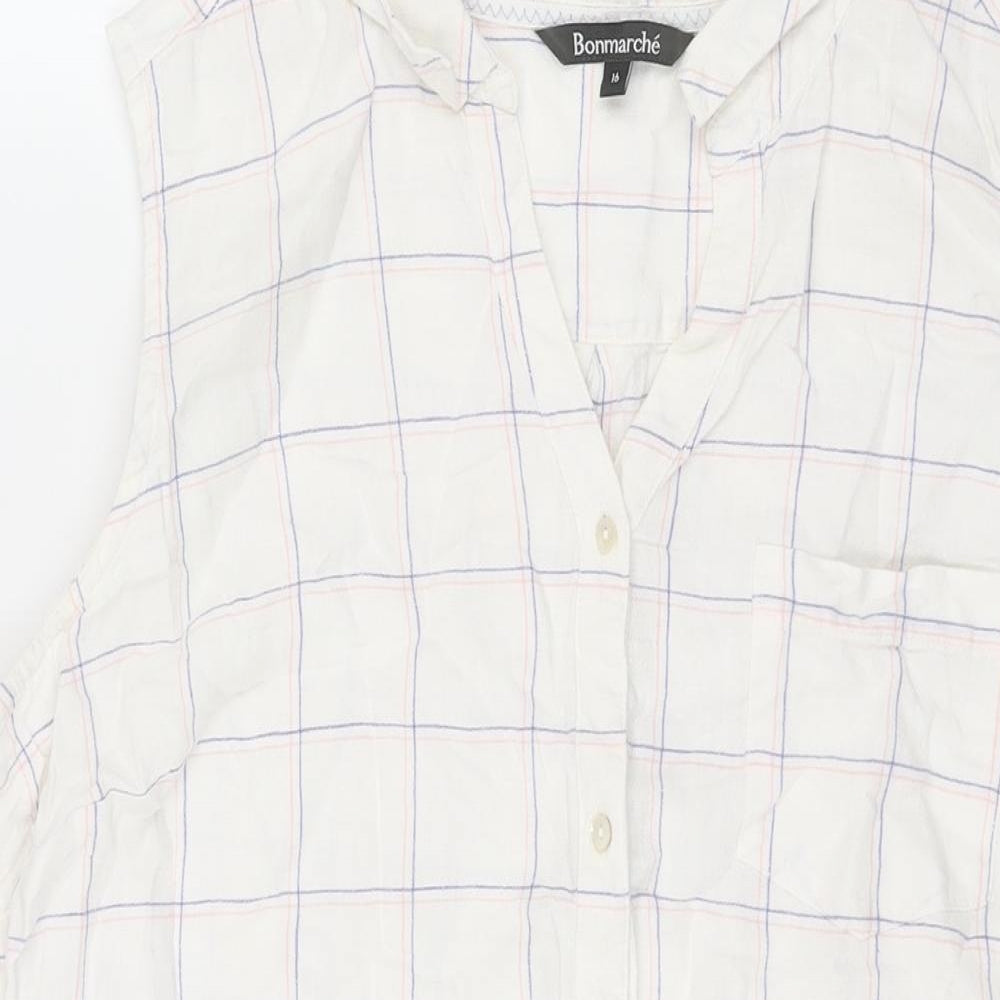 Bonmarché Womens White Check Linen Basic Button-Up Size 16 Collared