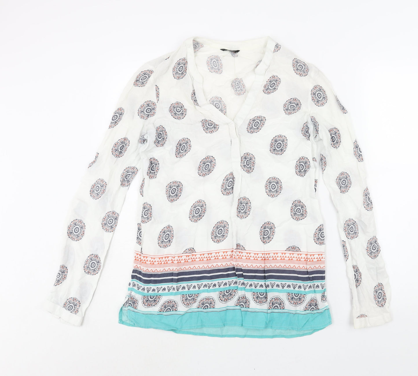 M&Co Womens White Geometric Viscose Basic Blouse Size 10 V-Neck