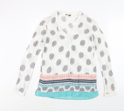 M&Co Womens White Geometric Viscose Basic Blouse Size 10 V-Neck