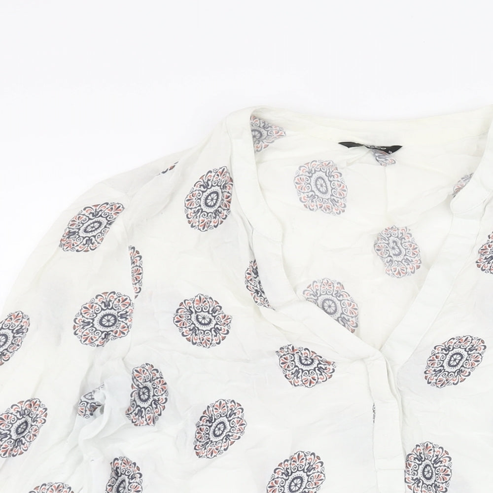 M&Co Womens White Geometric Viscose Basic Blouse Size 10 V-Neck