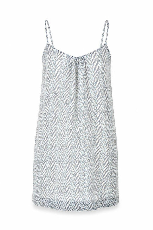 Front view of Only women’s blue geometric polyester tank dress, size UK 8, scoop neck pullover