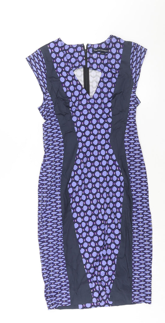 French Connection Womens Purple Geometric Cotton Pencil Dress Size 12 V-Neck Zip