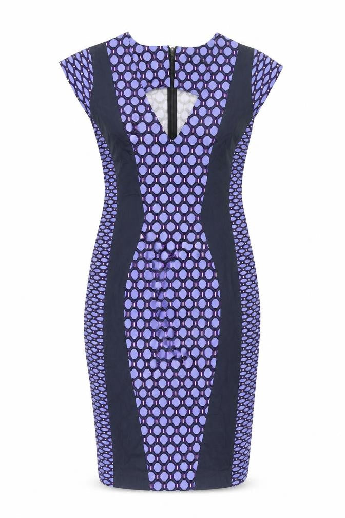 Front view of French Connection women’s purple geometric cotton pencil dress, size UK 12, v-neck zip