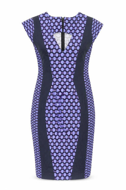 Front view of French Connection women’s purple geometric cotton pencil dress, size UK 12, v-neck zip