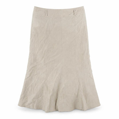 Front view of Frank Walder women’s beige polyester trumpet skirt, size UK 14, zip