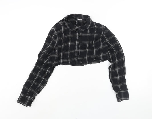 Divided by H&M Womens Black Check Cotton Cropped Button-Up Size S Collared