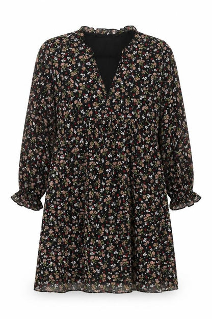 Zara Womens Black Floral Polyester A-Line Size M V-Neck Pullover - Frill
