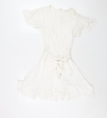 Bacio Womens White Viscose A-Line Size S V-Neck Zip - Frill Belted