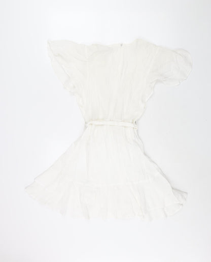 Bacio Womens White Viscose A-Line Size S V-Neck Zip - Frill Belted