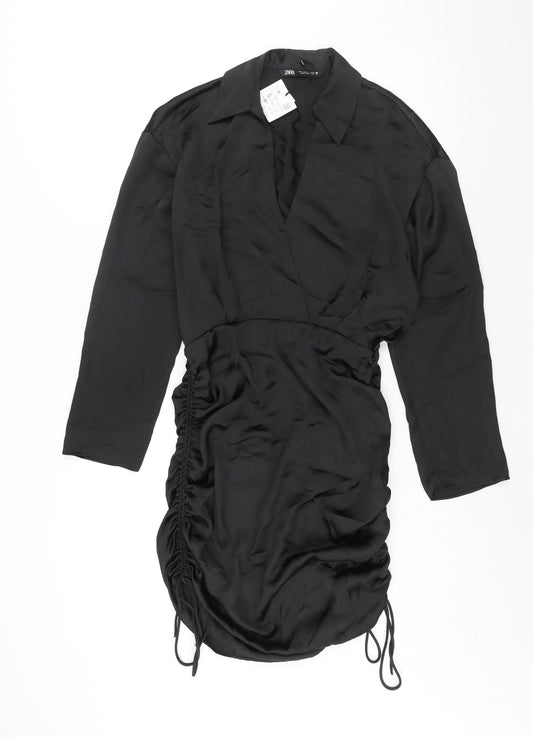 Zara Womens Black Polyester Shift Size S Collared Zip - Drawstring Detail