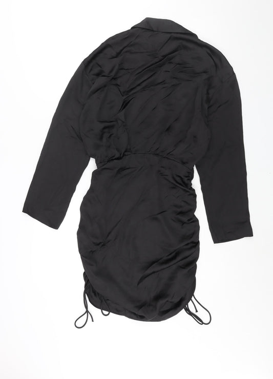 Zara Womens Black Polyester Shift Size S Collared Zip - Drawstring Detail