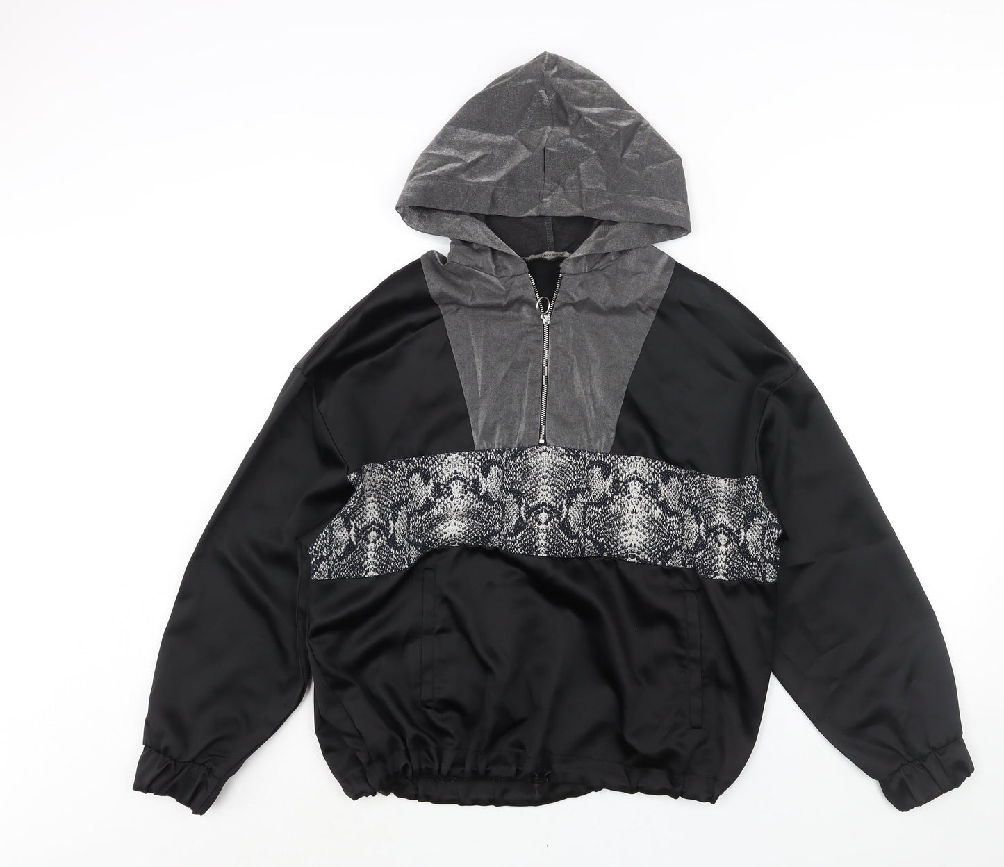 Zara Womens Black Colourblock Cotton Pullover Hoodie Size L Zip - Snakeskin Panel Drawstring Hem