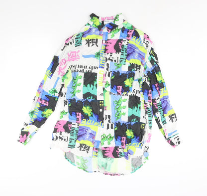Bershka Womens Multicoloured Geometric Viscose Basic Button-Up Size XS Collared