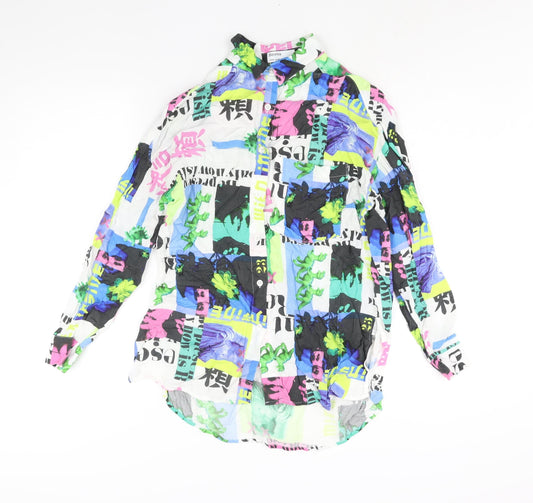 Bershka Womens Multicoloured Geometric Viscose Basic Button-Up Size XS Collared