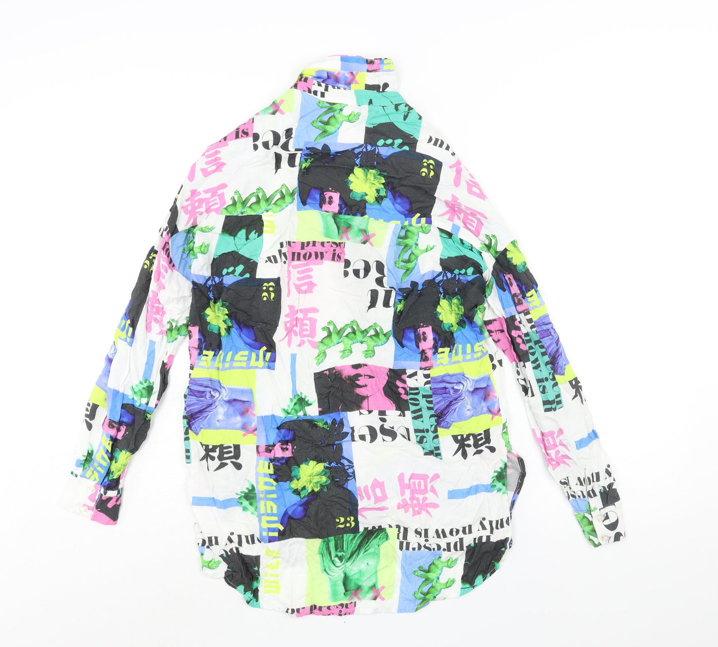 Bershka Womens Multicoloured Geometric Viscose Basic Button-Up Size XS Collared