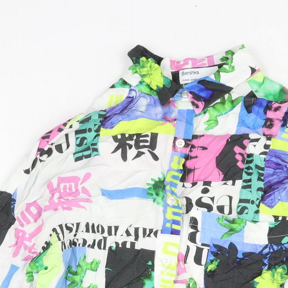 Bershka Womens Multicoloured Geometric Viscose Basic Button-Up Size XS Collared