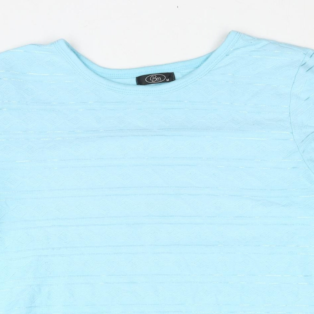 Bonmarché Womens Blue Geometric Polyester Basic T-Shirt Size M Round Neck - Embroidered