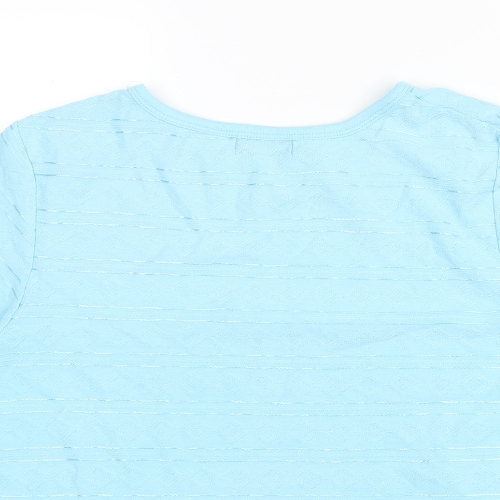 Bonmarché Womens Blue Geometric Polyester Basic T-Shirt Size M Round Neck - Embroidered