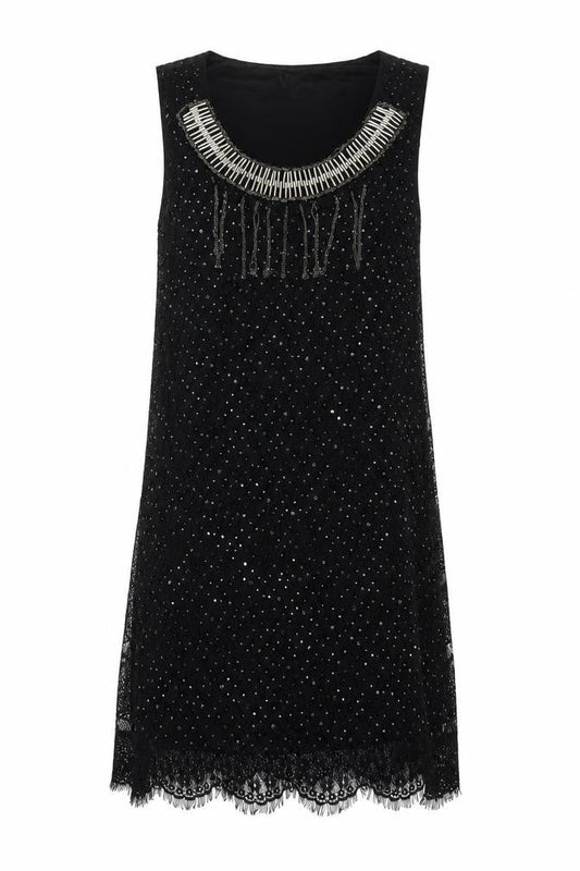 Yumi Womens Black Polyester Shift Size S Scoop Neck Pullover - Lace Chain Tassle