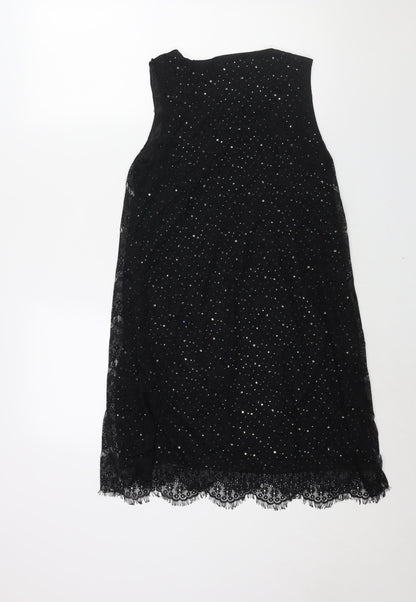 Yumi Womens Black Polyester Shift Size S Scoop Neck Pullover - Lace Chain Tassle