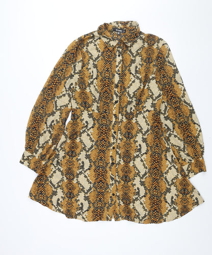 Missguided Womens Brown Animal Print Polyester Shirt Dress Size 14 Collared Button - Snakeskin Print