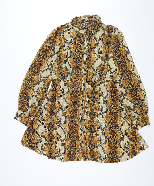 Additional front view of Missguided women’s brown animal print polyester shirt dress, collared button - snakeskin print