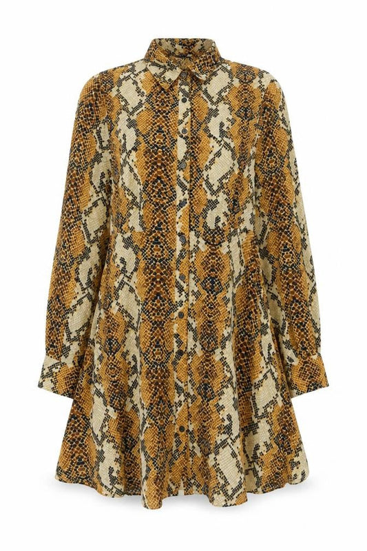 Front view of Missguided women’s brown animal print polyester shirt dress, size UK 14, collared button - snakeskin print