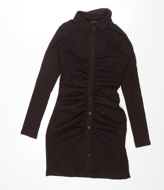 Misspap Womens Brown Polyester Shirt Dress Size 8 Collared Button - Rouched