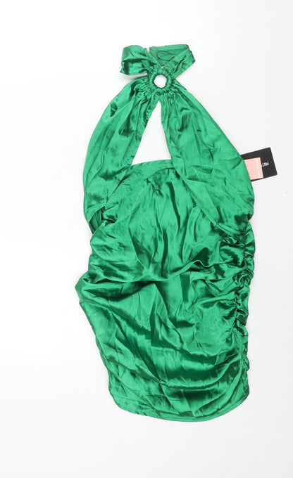 PRETTYLITTLETHING Womens Green Polyester Mini Size 6 Halter Zip - Rouched Cut Out