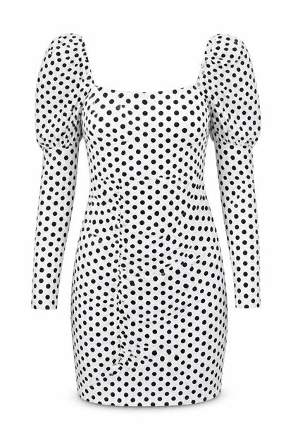 Naanaa Womens White Polka Dot Polyester Bodycon Size 8 Square Neck Zip - Rouched