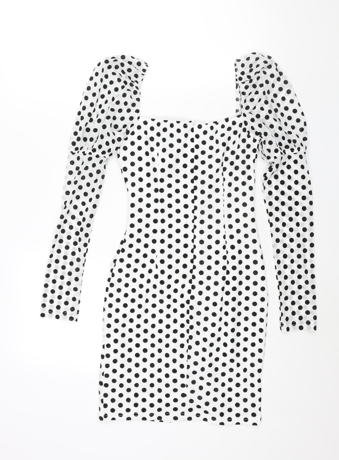 NaaNaa Womens White Polka Dot Polyester Bodycon Size 8 Square Neck Zip - Rouched