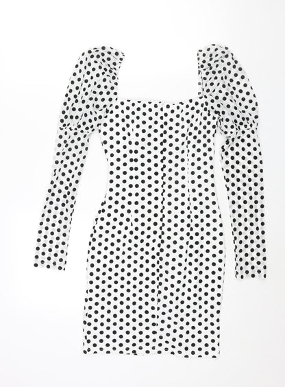 NaaNaa Womens White Polka Dot Polyester Bodycon Size 8 Square Neck Zip - Rouched