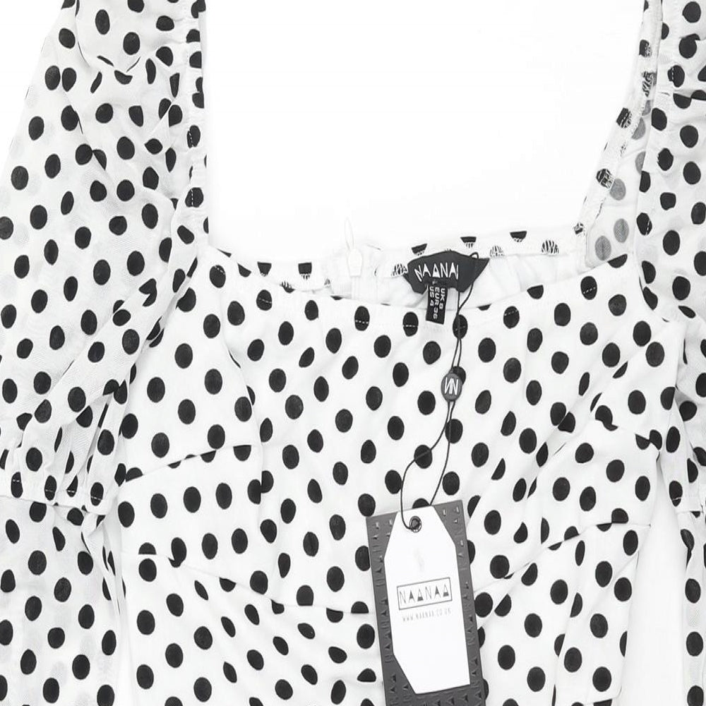 NaaNaa Womens White Polka Dot Polyester Bodycon Size 8 Square Neck Zip - Rouched