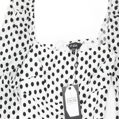 NaaNaa Womens White Polka Dot Polyester Bodycon Size 8 Square Neck Zip - Rouched