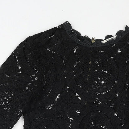 Glamorous Womens Black Polyester Basic Blouse Size S Round Neck - Semi Sheer