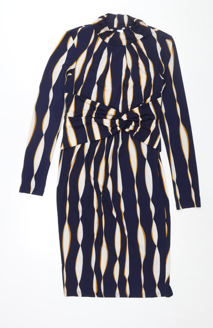 Jolie Moi Womens Blue Geometric Polyester Bodycon Size 10 Mock Neck Pullover - Twist Detail