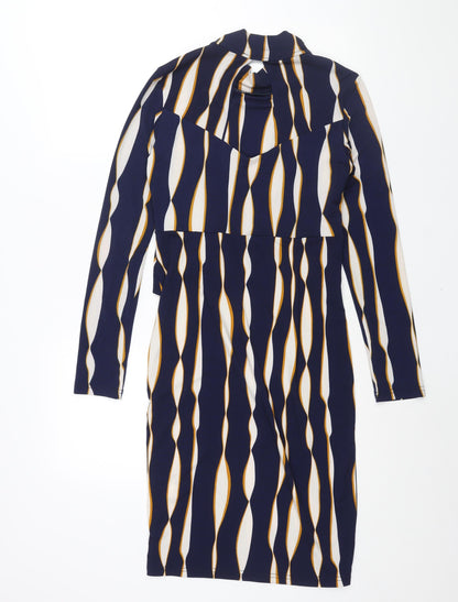 Jolie Moi Womens Blue Geometric Polyester Bodycon Size 10 Mock Neck Pullover - Twist Detail