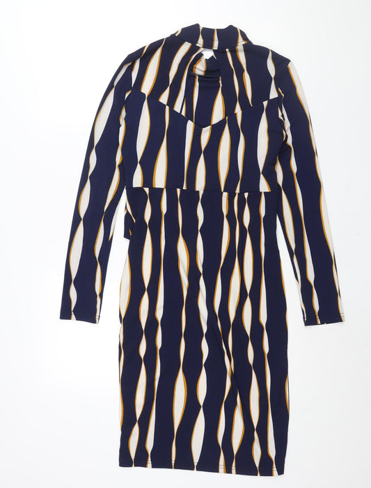 Jolie Moi Womens Blue Geometric Polyester Bodycon Size 10 Mock Neck Pullover - Twist Detail